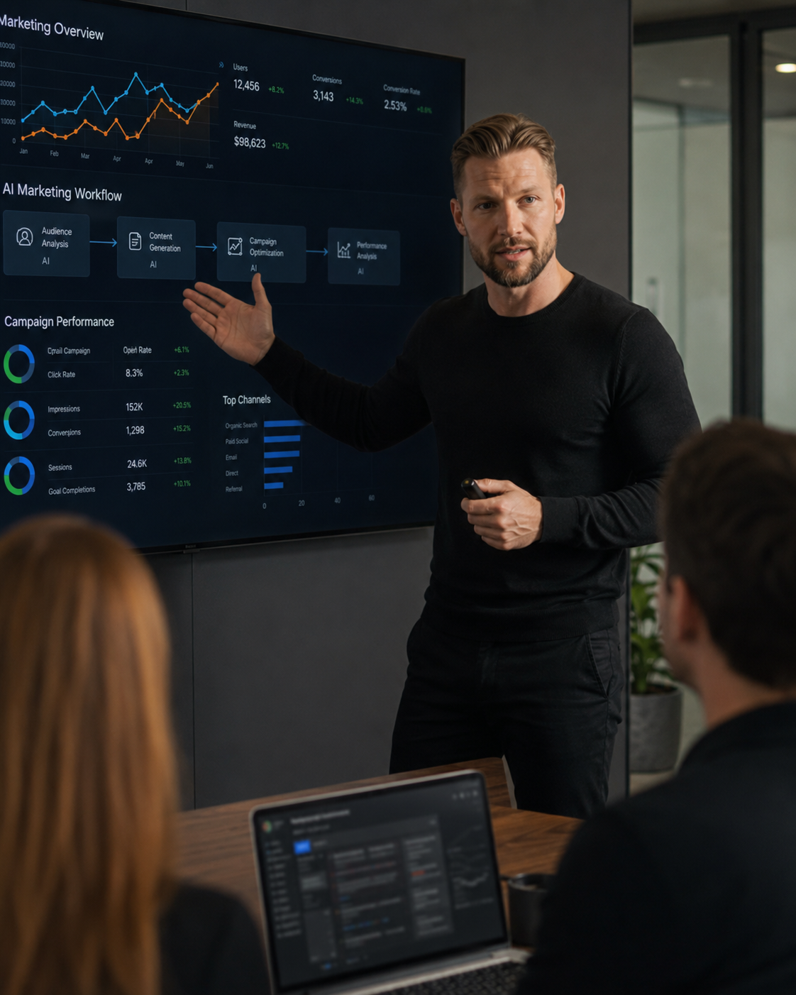 Jon presentando datos de mercado en una pantalla de analítica